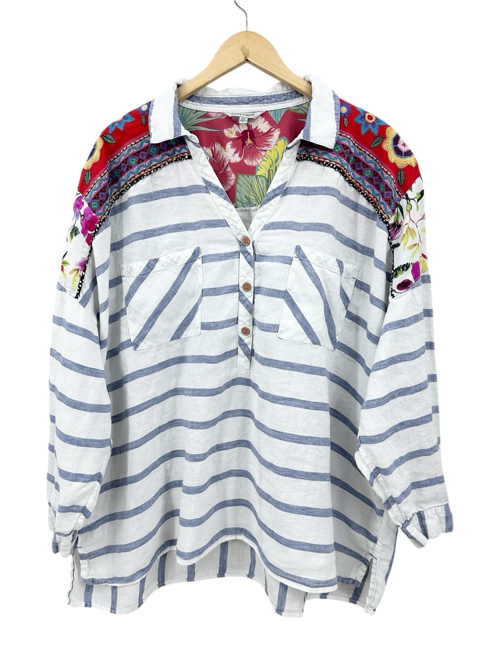 JOHN MARK Embroidered Top Linen Mixed Print Stripe Floral White Blue